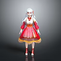 Anime 3D Character Model With White Hair Red White Dress Golden Trim And Red Shoes