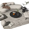 Modern Curved Beige Sofa and Coffee Table Set with Armchairs Plants Books and Rug