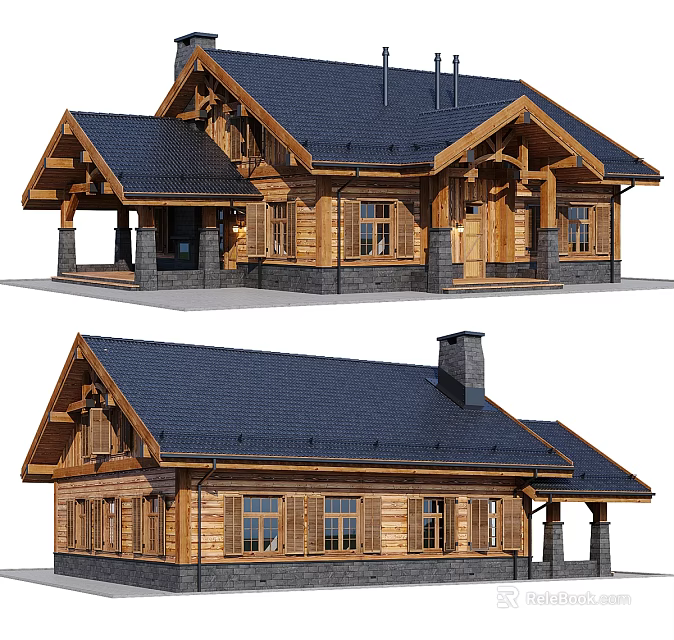 Wooden Detached Villa With Black Roof Chimney Porch And Wooden Windows 3d model 