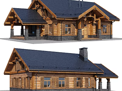 Wooden Detached Villa With Black Roof Chimney Porch And Wooden Windows 3d model