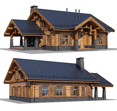 Wooden Detached Villa With Black Roof Chimney Porch And Wooden Windows 3d model