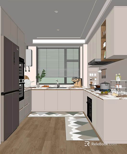 Modern Kitchen Interior Design With Light Cabinets Blinds Counter And Geometric Floor 3d model 