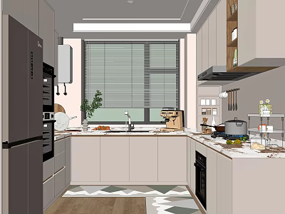 Modern Kitchen Interior Design With Light Cabinets Blinds Counter And Geometric Floor 3d model