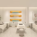 Modern Beauty Hair Salon Interior Featuring Reception Desk Circular Logo Pendant Lights Sculpture Marble Floor