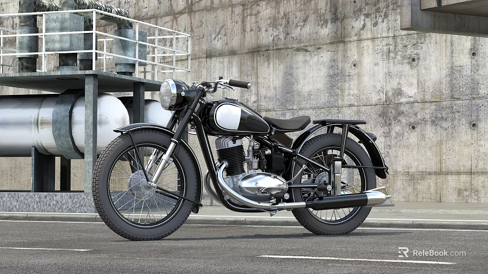 Vintage Black and Silver Motorcycle with Industrial Wall and Road Background 3d model 
