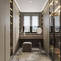 Modern Walk-in Closet Interior Design With Vanity Mirror Window Stool And Cabinets 3d model