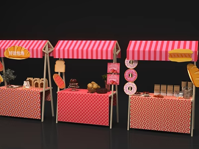 Dessert Stalls With Red And White Striped Awnings Cream Cakes Fruits Donuts And Bread 3d model