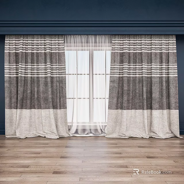 Gray And Beige Striped Curtains With Sheer Inner Layer For Navy Blue Wall Room 3d model 