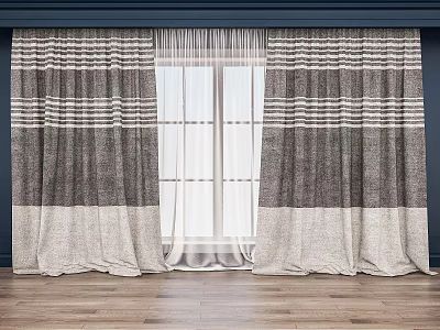 Gray And Beige Striped Curtains With Sheer Inner Layer For Navy Blue Wall Room 3d model