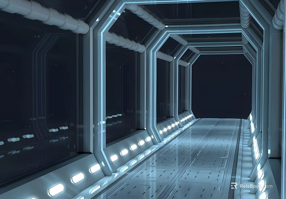 Futuristic Corridor Design With Metal Frames Transparent Windows Illuminated Light Strips And Sleek Metal Floor 3d model 