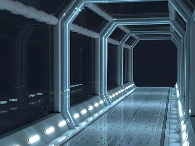 Futuristic Corridor Design With Metal Frames Transparent Windows Illuminated Light Strips And Sleek Metal Floor 3d model