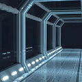 Futuristic Corridor Design With Metal Frames Transparent Windows Illuminated Light Strips And Sleek Metal Floor