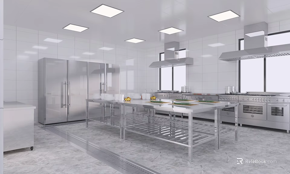 Commercial Kitchen Interior With Stainless Steel Worktables Range Hoods White Tile Walls And Ceiling Lights 3d model 