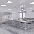 Commercial Kitchen Interior With Stainless Steel Worktables Range Hoods White Tile Walls And Ceiling Lights