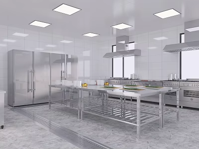 Commercial Kitchen Interior With Stainless Steel Worktables Range Hoods White Tile Walls And Ceiling Lights 3d model