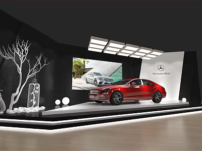 Exhibition Booth Displaying Red Mercedes Car With Large Screen Background And Decorative Tree Lighting 3d model