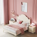Elegant Double Bed with White Headboard Gold Legs and Pink Blanket in Pink Wall Background