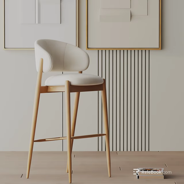 Modern Light Padded Bar Stool With Wooden Legs And Wall Art Decoration 3d model 