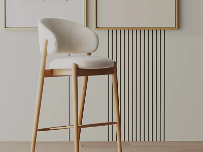 Modern Light Padded Bar Stool With Wooden Legs And Wall Art Decoration 3d model