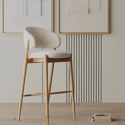 Modern Light Padded Bar Stool With Wooden Legs And Wall Art Decoration 3d model