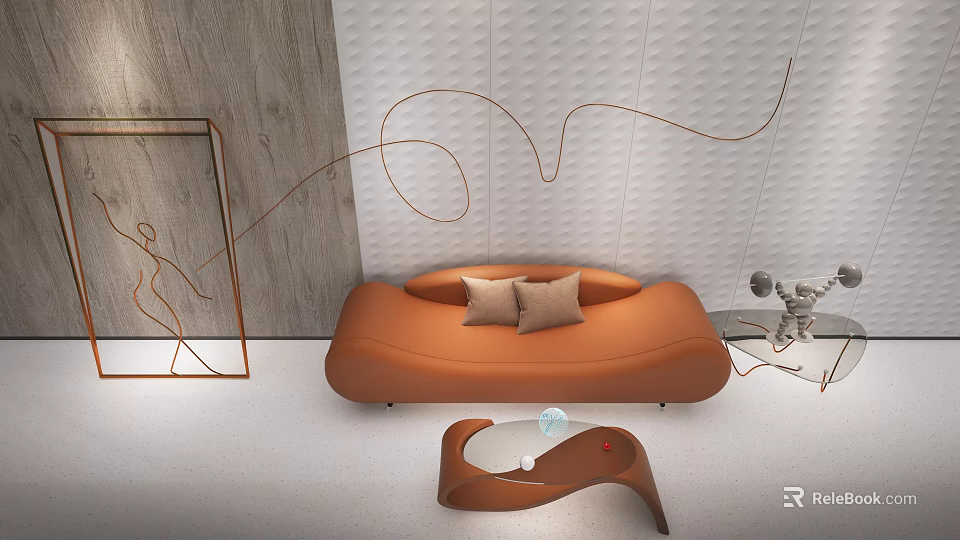 Modern Leisure Sofa Set With Curved Design Brown Cushions Side Coffee Table And Wall Decor 3d model 