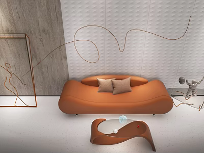 Modern Leisure Sofa Set With Curved Design Brown Cushions Side Coffee Table And Wall Decor 3d model