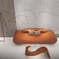 Modern Leisure Sofa Set With Curved Design Brown Cushions Side Coffee Table And Wall Decor