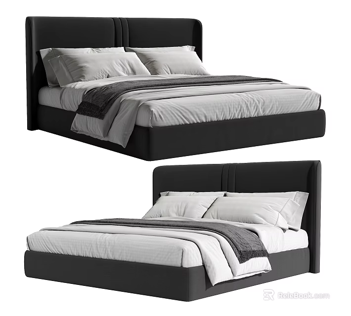 Modern Double Bed Design With Black Headboard White Sheets And Gray Blanket 3d model 