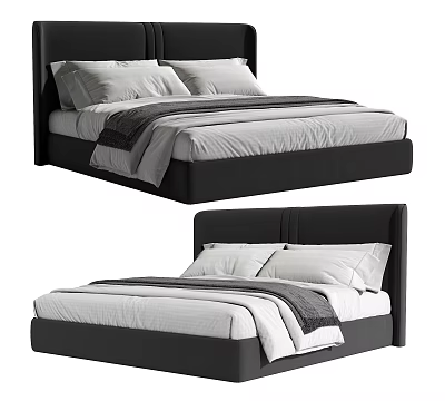 Modern Double Bed Design With Black Headboard White Sheets And Gray Blanket 3d model