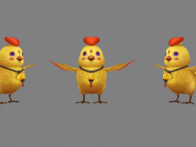 Three Yellow Chickens with Red Combs Purple Eyes and Golden Bells Around Necks Spread Wings 3d model