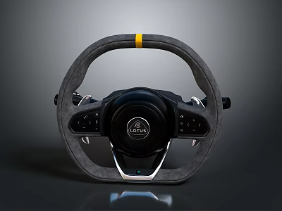 Gray Steering Wheel Featuring Black Circular Center OTIS Logo Yellow Stripe And Side Buttons 3d model