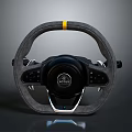 Gray Steering Wheel Featuring Black Circular Center OTIS Logo Yellow Stripe And Side Buttons