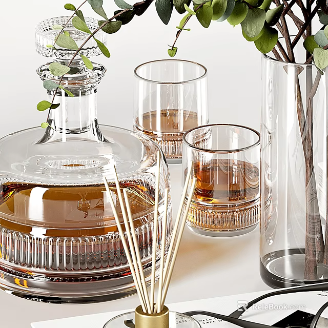 Elegant Clear Glass Decanter And Whiskey Glasses With Amber Liquid And Green Plant Decor 3d model 