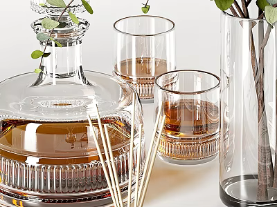 Elegant Clear Glass Decanter And Whiskey Glasses With Amber Liquid And Green Plant Decor 3d model