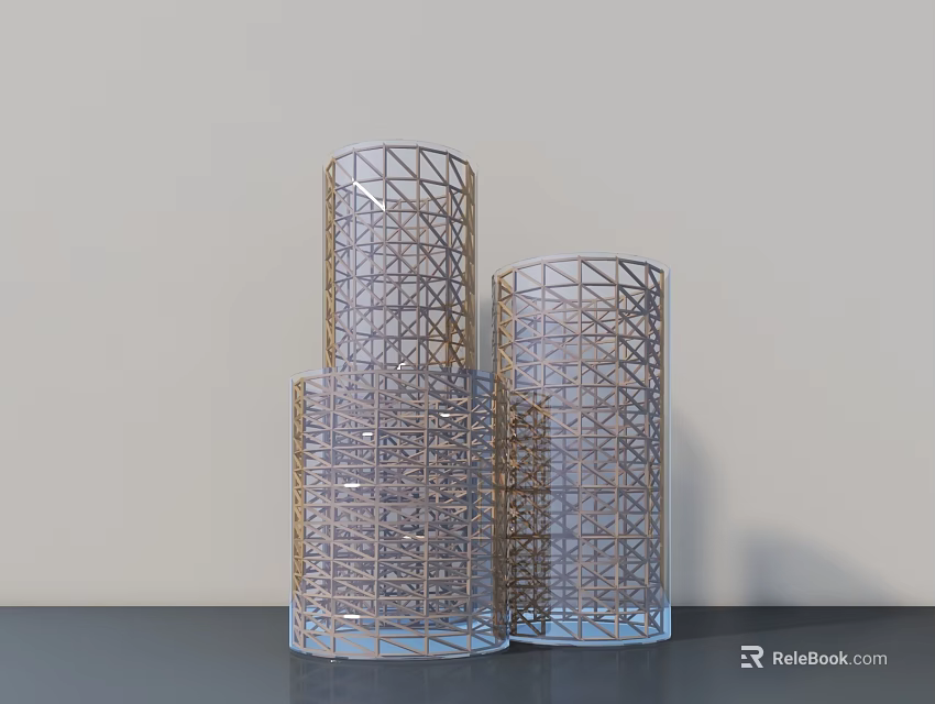 Metal Mesh Cylindrical Decorative Ornament Set With Transparent Base And Various Sizes For Home Decor 3d model 