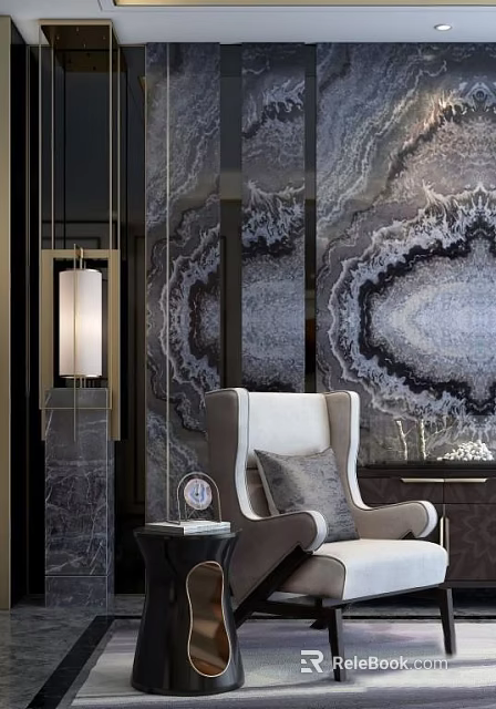 Elegant Modern Single Sofa Interior With Gray Marble Wall White Armrests And Soft Cushion 3d model