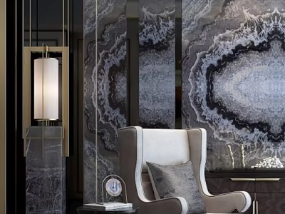 Elegant Modern Single Sofa Interior With Gray Marble Wall White Armrests And Soft Cushion 3d model