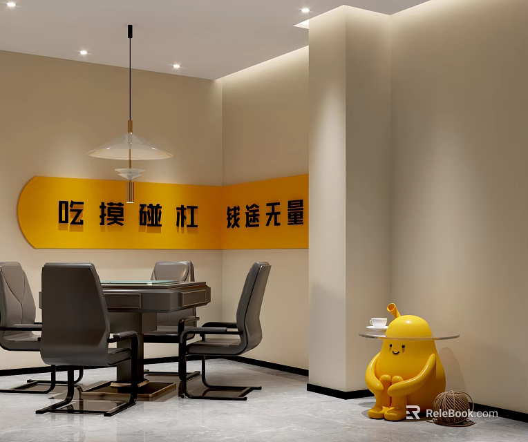Hotel Mahjong Room Interior With Mahjong Table Comfortable Chairs And Yellow Cartoon Doll Decoration 3d model 