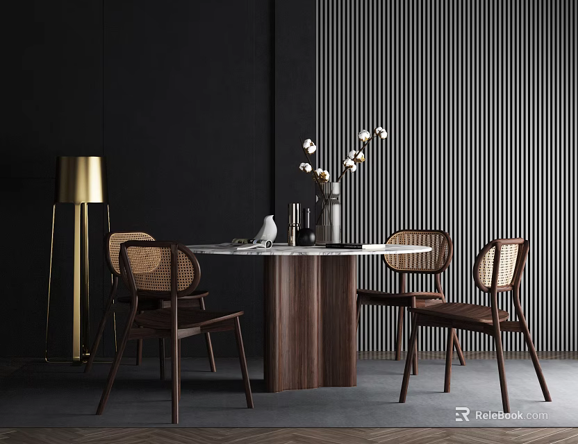 Round Marble Top Dining Table Set with Wooden Woven Backrest Chairs and Gold Floor Lamp 3d model 