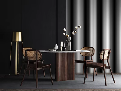 Round Marble Top Dining Table Set with Wooden Woven Backrest Chairs and Gold Floor Lamp 3d model