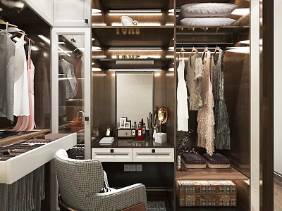Luxury Walk In Closet With Hanging Clothes Drawers Mirror Dressing Table And Storage Boxes 3d model