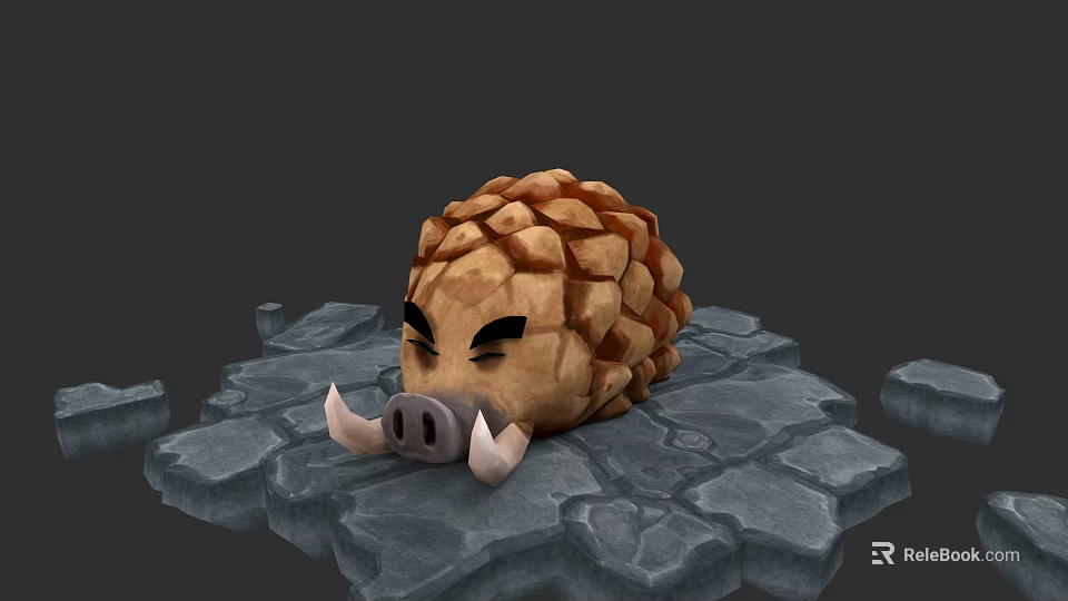 3D Wild Boar Character Model With Spiked Back Lying On Cracked Stone Surface 3d model 