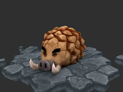 3D Wild Boar Character Model With Spiked Back Lying On Cracked Stone Surface 3d model