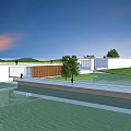 Green Landscape Design Featuring Water Area White Building Pathway And Open Space