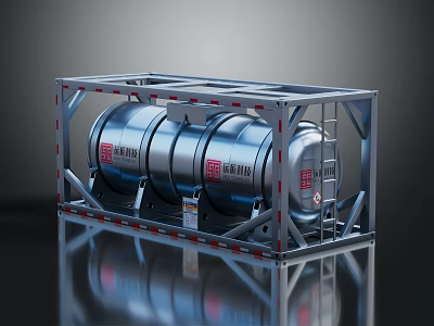 Three Silver Cylindrical Storage Tanks Secured In Metal Frame With Red Labels 3d model