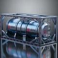 Three Silver Cylindrical Storage Tanks Secured In Metal Frame With Red Labels