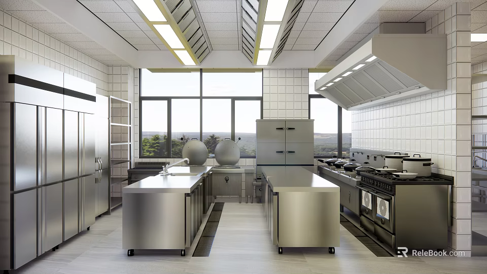Commercial Kitchen Design With Stainless Steel Worktables Stoves Refrigerators Large Windows And Good Lighting 3d model 