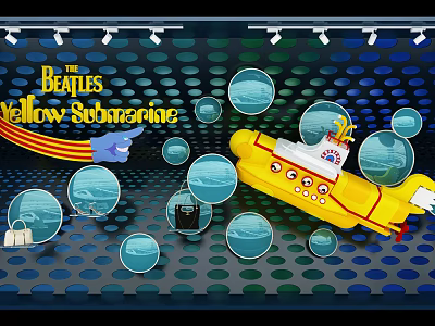 The Beatles Yellow Submarine Themed Window Display With Colorful Bubbles And Vibrant Design Elements 3d model
