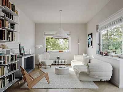Cozy Living Room Interior With Bookshelves Fireplace White Sofa Round Rug And Pendant Lamp 3d model