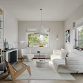 Cozy Living Room Interior With Bookshelves Fireplace White Sofa Round Rug And Pendant Lamp